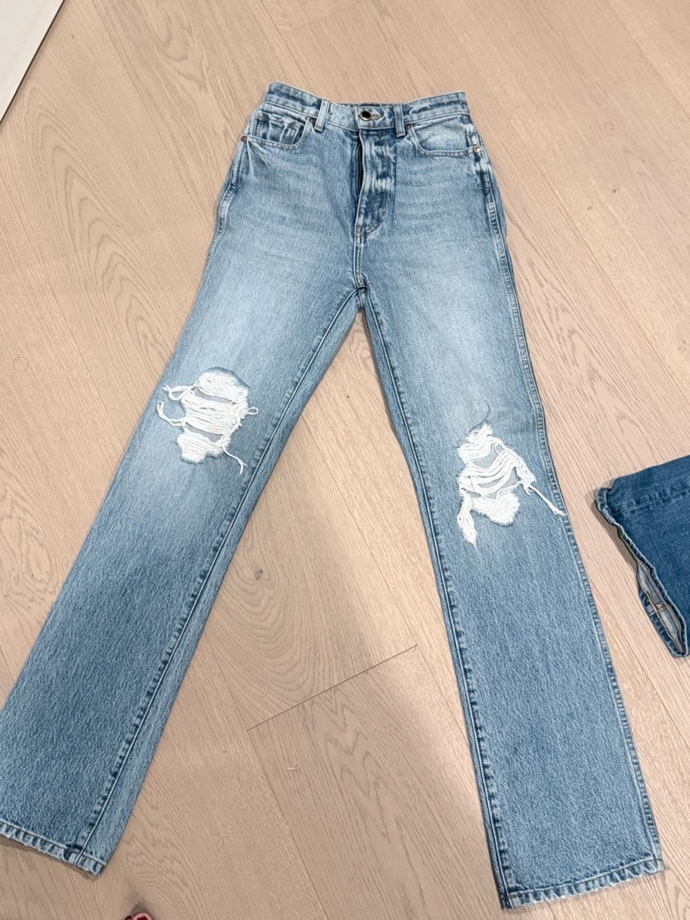 KHAITE Light Blue High-Rise Distressed Straight Jeans